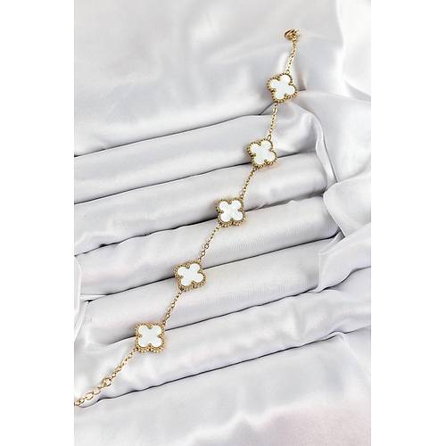 316L �elik Beyaz Sedef Yonca Model Gold Renk Kad�n Bileklik