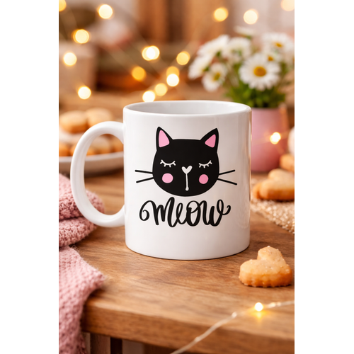 Sevimli Kedi Desenli Porselen Kupa MODEL 63 � �Meow� Yaz�l� Kahve & �ay Keyfi ��in Tatl� Tasar�m