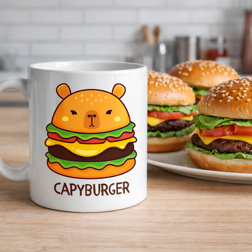 Capyburger Tasar�m Kupa Model 230 Sevimli Kapibara Burger Bask�l� Seramik Kahve Kupas�
