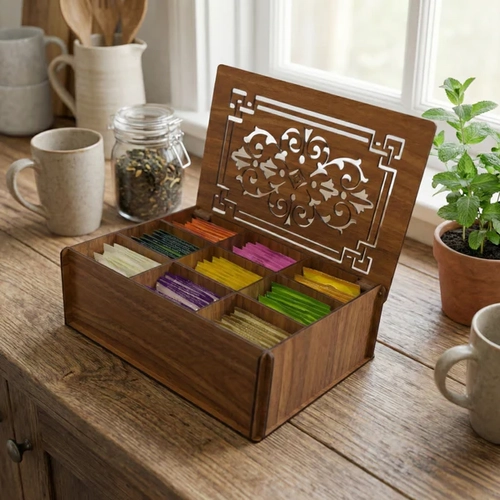 9 B�lmeli Ah�ap Bitki �ay� Organizeri Kapakl� MDF �ay Kutusu Kahve K��esi D�zenleyici