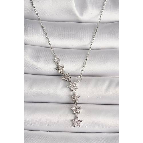 316L �elik G�m�� Renk Zincir Zirkon Ta�l� Y�ld�z Model Kad�n Kolye