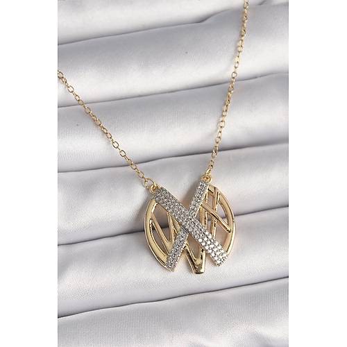 316L �elik Gold Renk Zirkon Ta�l� Vintage Model Kad�n Kolye