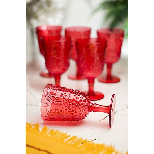 Akrilik K�rm�z� 6'l� Kadeh & Su Me�rubat Kahve Yan� Barda�� 450 ml ( Cam De�ildir )