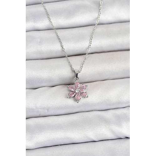 316L �elik Zincir G�m�� Renk Pembe Zirkon Ta�l� Lotus Model Kad�n Kolye
