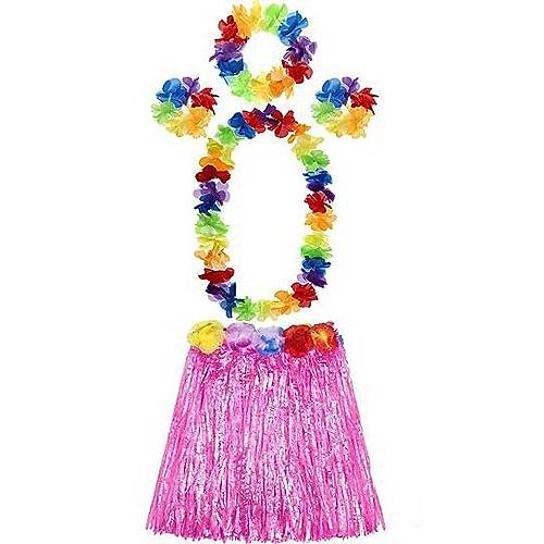 Yeti�kin ve �ocuk Uyumlu Luau Aloha Hawaii Pembe Etek ve Renkli Kolye Ta� 2 Adet Bileklik Seti