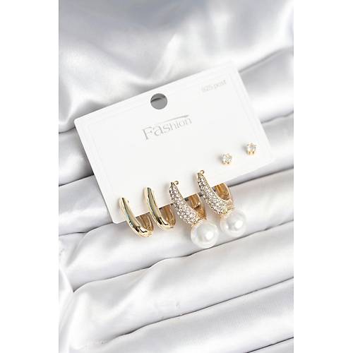 Pirin� Gold Renk Zirkon Ta�l� �nci Detayl� 925 Ayar G�m�� �ivili Kad�n K�pe Seti