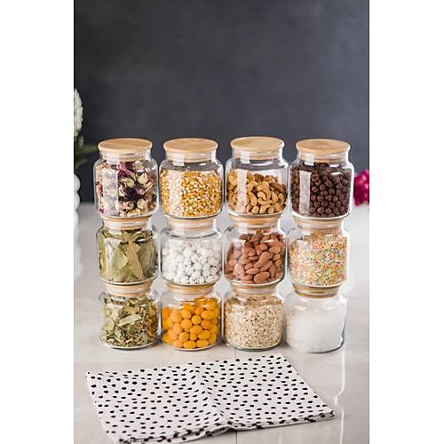 12'Li Bambu Kapakl� Cam Kavanoz & Baharat Tak�m� & Baharatl�k Seti 500 ML ( Vakum Kapak )