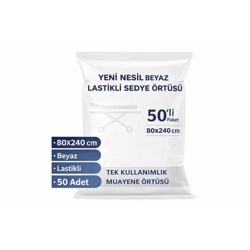 Yeni Nesil Beyaz Lastikli Sedye �rt�s� 50�li 1 Paket 80x240 cm Nonwoven Tek Kullan�ml�k Muayene �rt�s�
