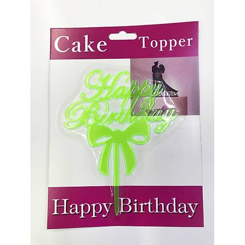 Happy Birthday Yaz�l� Fiyonklu Pasta Kek �ubu�u Ye�il Renk
