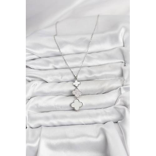 316L �elik Zincir G�m�� Renk Yonca Detayl� Zirkon Ta�l� Kad�n Kolye