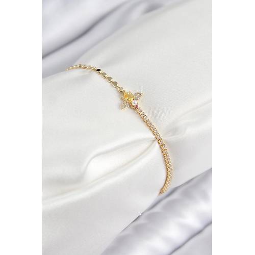 Pirin� Zirkon Ta�l� Ar� Model Ezme Zincir Gold Renk Kad�n Bileklik