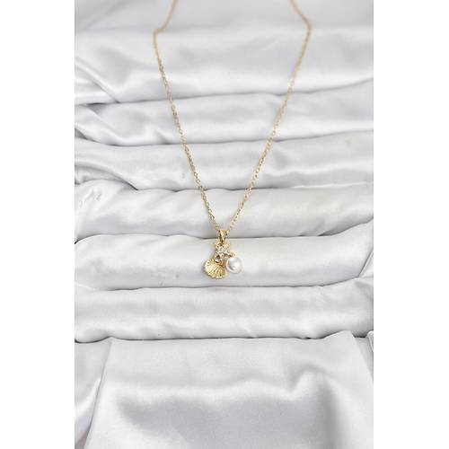 316L �elik Zincir Gold Renk Deniz Kabu�u ve Deniz Y�ld�z� Model Zirkon Ta�l� Kad�n Kolye