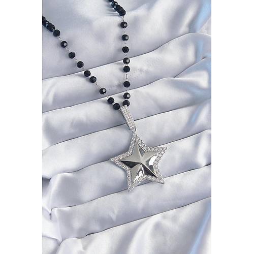 G�m�� Renk Siyah Boncuk Zirkon Ta�l� Pirin� Y�ld�z Model V�P Seri Kad�n Kolye