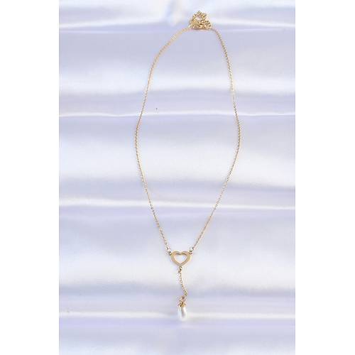 316L �elik Zincir Gold Renk �nci Ta� Detay Kalp Kolye