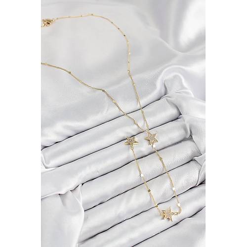 Pirin� Zirkon Ta�l� Y�ld�z Model Gold Renk Y Kolye