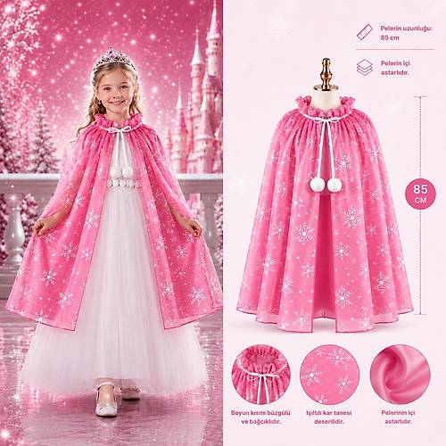 Kar Tanesi Desenli Pembe Elsa Pelerini - Astarl� Frozen Pelerini 85 cm