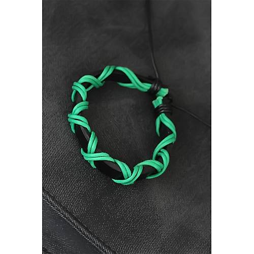 Ye�il �pli Siyah Renk Deri Erkek Bileklik