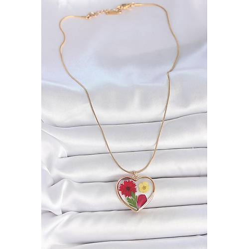 316L �elik Gold Renk Zincir Epokis Kalp Do�al �i�ek Model Kad�n Kolye