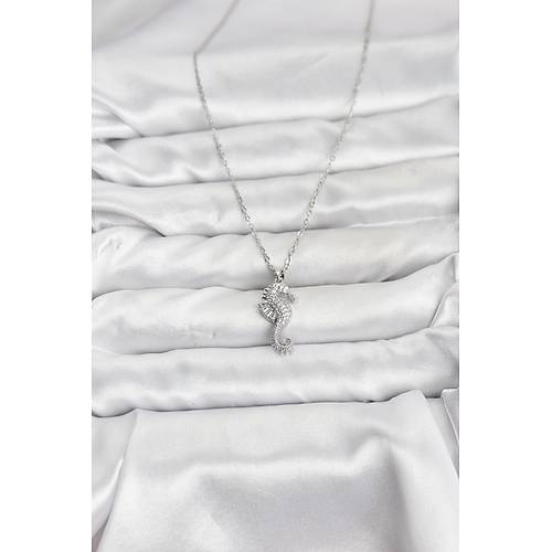 316L �elik Zincir G�m�� Renk Deniz At� Model Zirkon Ta�l� Kad�n Kolye