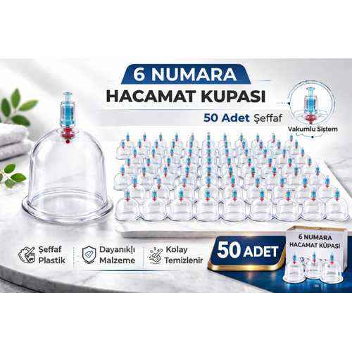 6 Numara Hacamat Kupas� 50 Adet Vakumlu Kupa Bardak Dayan�kl� Plastik Manuel Hacamat Kab�