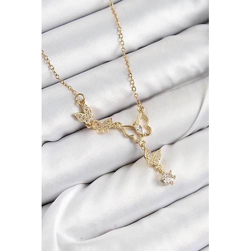 316L �elik Zirkon Ta�l� Kelebek Model Gold Renk Kad�n Kolye