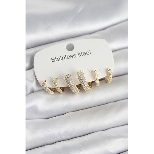 316L �elik Gold Renk 6'l� Set Zirkon Ta�l� Halka Model Kad�n K�pe