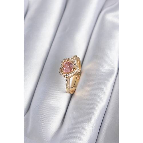 Pirin� Gold Renk Pembe Zirkon Ta� Kalp Charm Model Kad�n Y�z�k