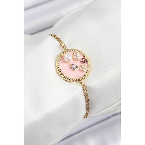 316L �elik Zincir Pembe Mineli Sanatsal Portre �nci Detayl� �i�ek Model Gold Renk Kad�n Bileklik