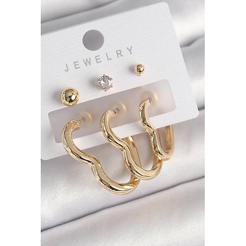 Pirin� Gold Renk Kalp Model Zirkon Ta�l� Top�uk Detay Kad�n K�pe Seti