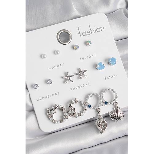 Pirin� G�m�� Renk �ncli Zirkon Ta�l� Halka Fig�r Y�ld�z Detay 7 �ift Kad�n K�pe Seti