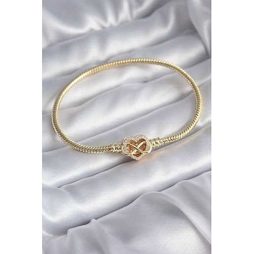 Pirin� Gold Renk Zirkon Ta�l� Kalp Sonsuzluk Model Charm Kad�n Bileklik