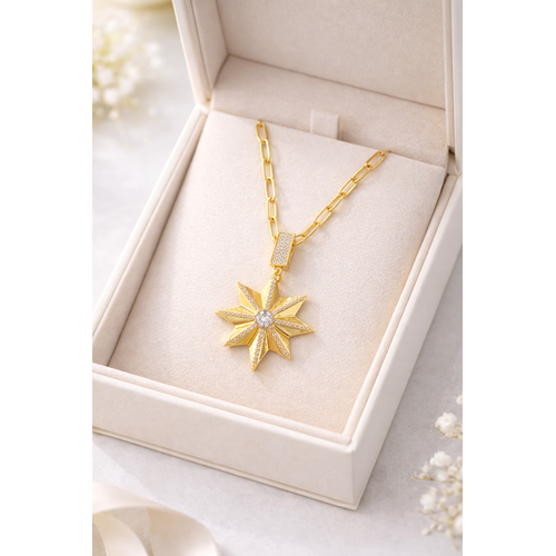 Zirkon Ta�l� Y�ld�z Fig�rl� Alt�n Renk Ata� Zincir �elik Kolye MODEL 14 � Kararmaz, Modern ve ��k Tasar�m