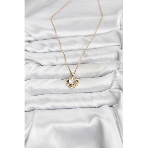 316L �elik Zincir Gold Renk Kalp Model Zirkon Ta�l� Kad�n Kolye
