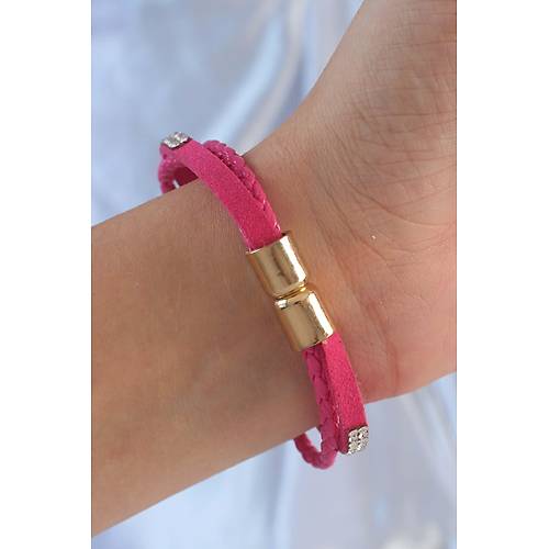 Pembe Renk Zirkon Ta�l� Deri �oklu Bileklik