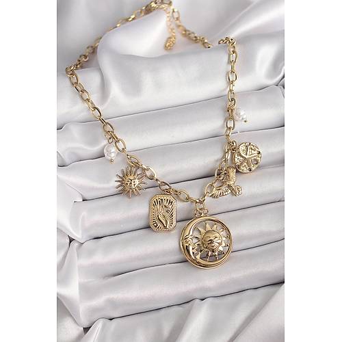 316L �elik Gold Renk Halka Zincir Sallant� Ay G�ne� Fig�r Ku� Detay Kad�n Kolye