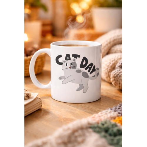 Cat Day Kedi Desenli Porselen Kupa MODEL 67 � Sevimli Kedi Fig�rl�, G�nl�k Kullan�ma Uygun, Kahve & �ay Kupas�