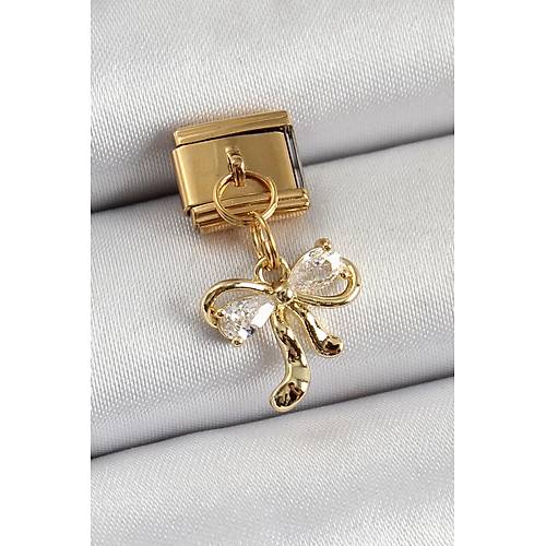 316L �elik Sallant�l� Zirkon Ta�l� Fiyonk Model Gold Renk Nomination Charm