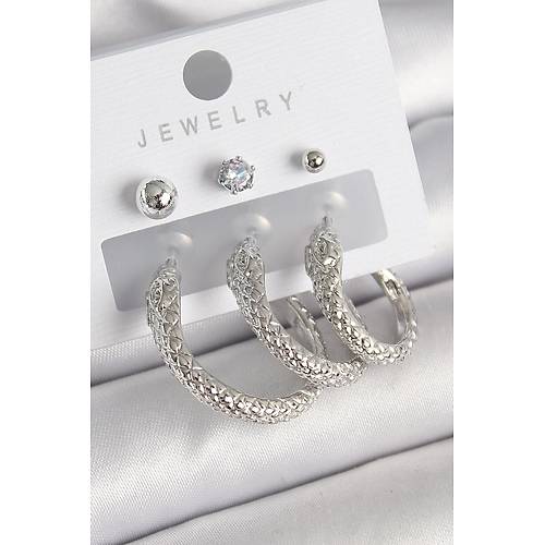 Pirin� Gold Renk Zirkon Ta� Detayl� Halka Y�lan Model Kad�n K�pe Seti