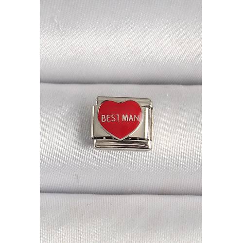 316L �elik G�m�� Renk 'Best Man' Yaz�l� K�rm�z� Kalp ��lemeli Nomination Charm