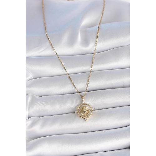 316L �elik Gold Renk Zincir Zirkon Ta�l� Pusula Model Kad�n Kolye