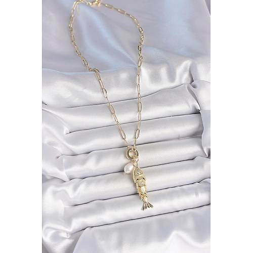 �nci Detayl� Zirkon Ta�l� Bal�k Fig�rl� Gold Renk Pirin� Kolye