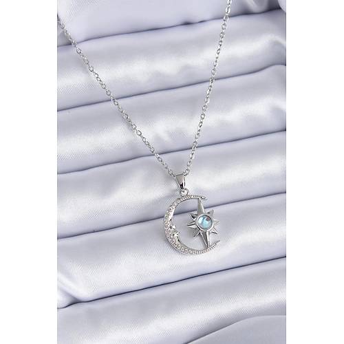 316L �elik G�m�� Renk Zirkon Ta�l� Ay Y�ld�z Model Kad�n Kolye