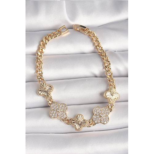 Pirin� Gold Renk Zirkon Ta�l� Yonca Model Kad�n Bileklik