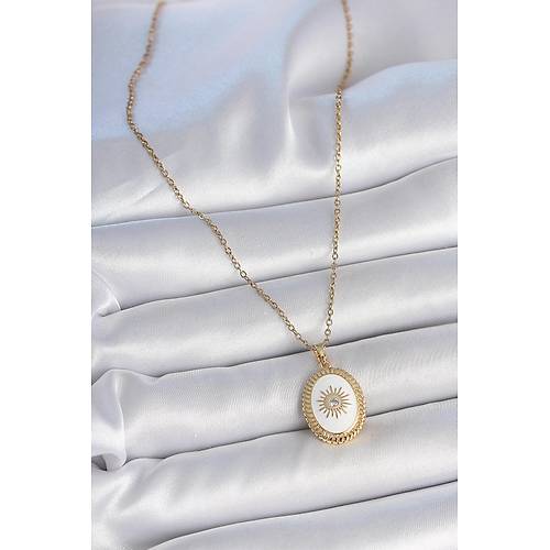 316L �elik Gold Renk Zincir Beyaz Mineli G�ne� ��lemeli Zirkon Ta� Detayl� Madalyon Model Kad�n Kolye