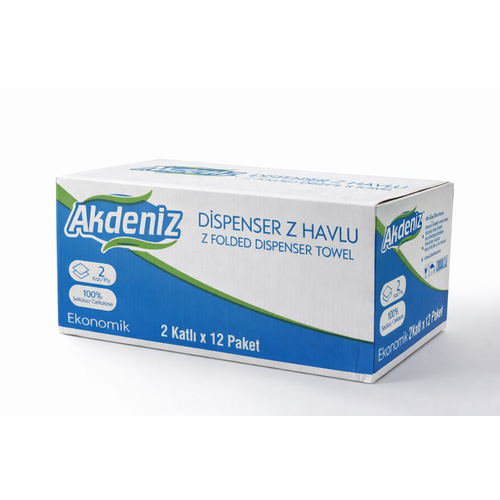 Akdeniz Dispenser Z Havlu 2 Katl� 12 Paket | %100 Sel�loz | Ekonomik Z Katl� Ka��t Havlu