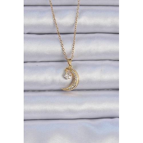 316L �elik Zincir Alt�n Renk Zirkon Ta�l� Sallant�l� Ay Y�ld�z Kolye