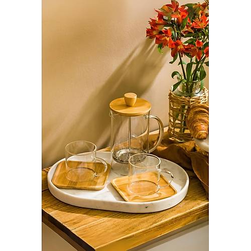 Cam French Press ve 2�li �ay Fincan� Seti 600 ml