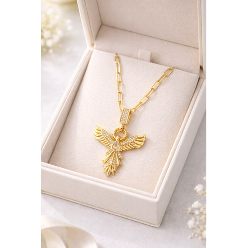 Zirkon Ta�l� Anka Ku�u Fig�rl� Gold Ata� Zincir �elik Kolye MODEL 13 � Kararmaz, G��l� ve ��k Tasar�m