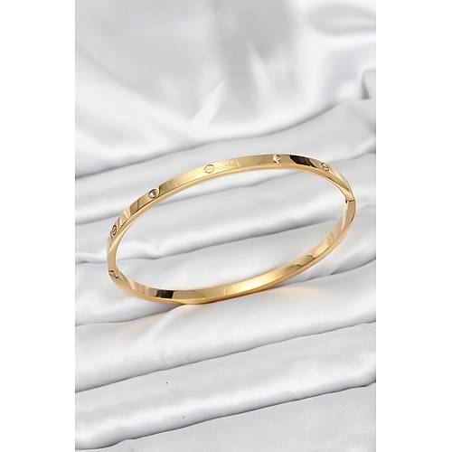 316L �elik Gold Renk Zirkon Ta�l� 65 mm �nce Kad�n Kelep�e Bileklik