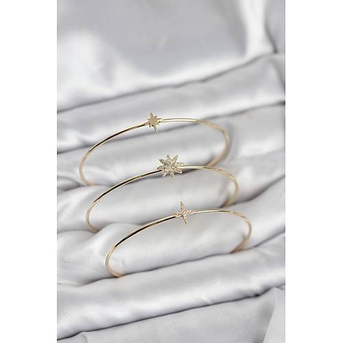 Zirkon Ta�l� Kutup Y�ld�z� Model Gold Renk 3'l� Kad�n Bileklik Kombini